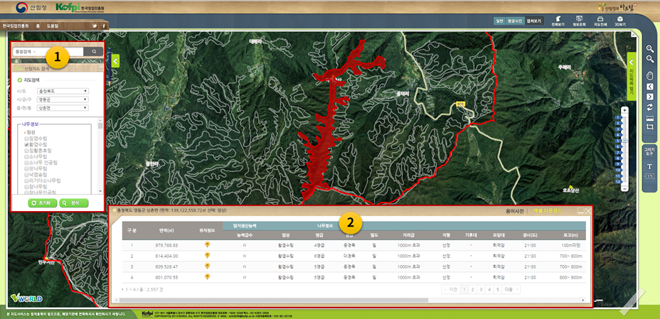 내게 맞는 산 찾기 서비스 기능 소개 이미지입니다. 1. 왼쪽 통합검색 및 지역 선택 메뉴 창  2. 조건에 맞는 세부 산림정보 창  이와 관련 자세한 내용은 하단의 택스트를 확인해주세요